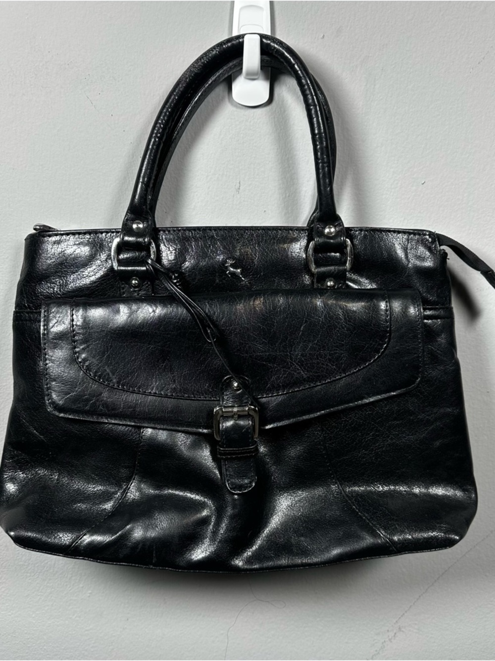 Genuine leather Women's Black Leather Satchel with Front Flap and Buckle